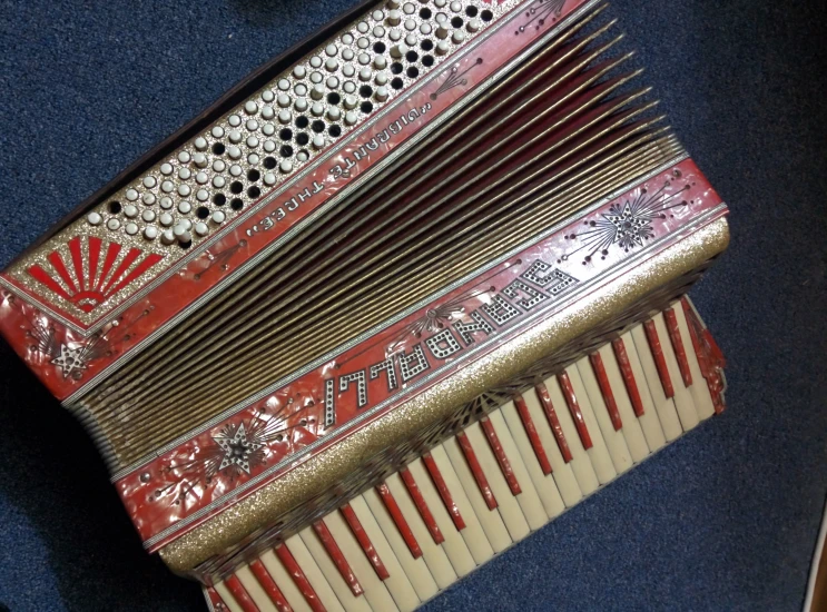 an accordion is sitting on the blue carpet