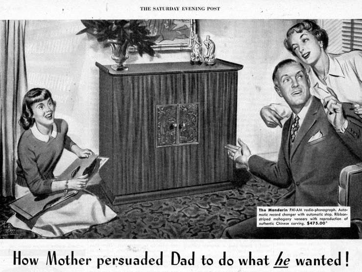 an old advertit shows a woman sitting on the bed in front of the television