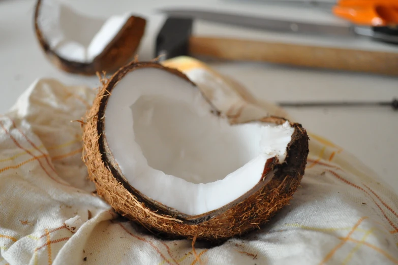 the broken coconut shell sits on top of a piece of fabric