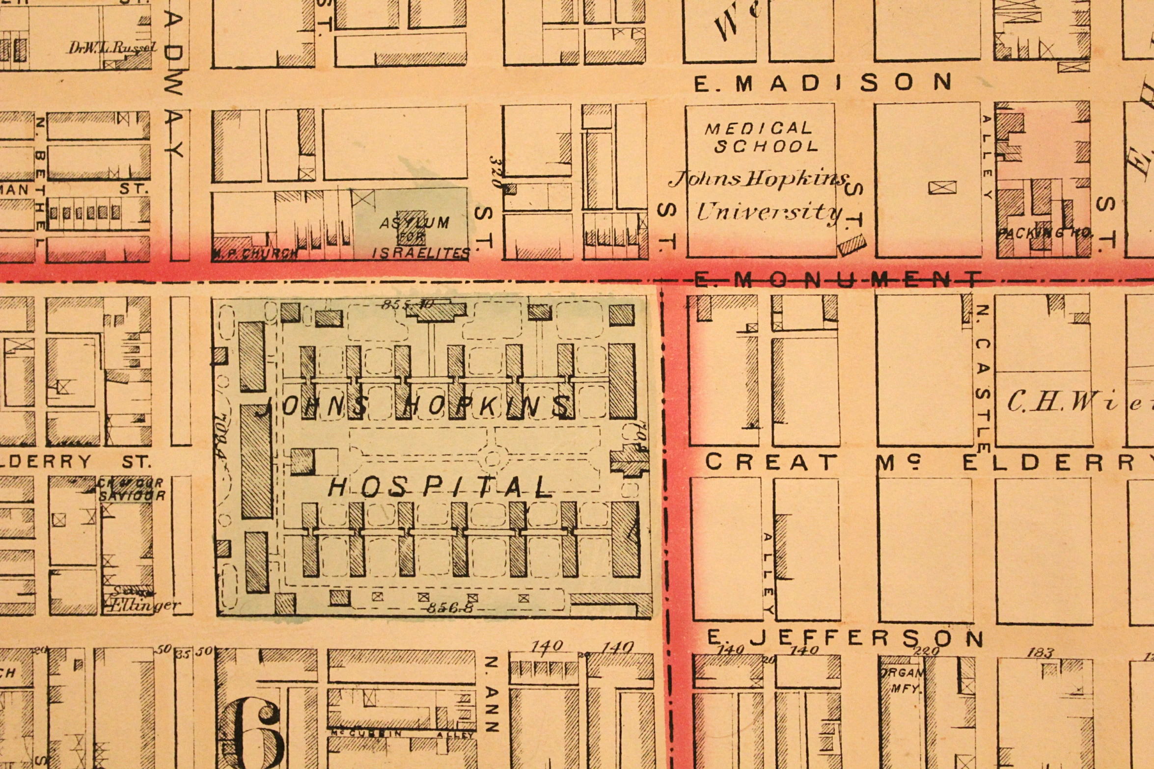 a old map with buildings and lots of parking spaces