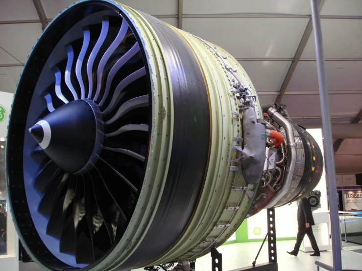 the turbine is displayed in an aircraft hanger