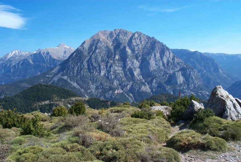 mountains and trees are shown from the top of a ridge