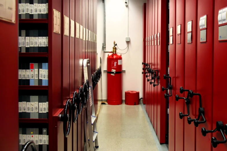 a hallway with rows of red fire hydrants