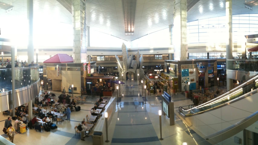 an overhead view of a mall with people walking and sitting