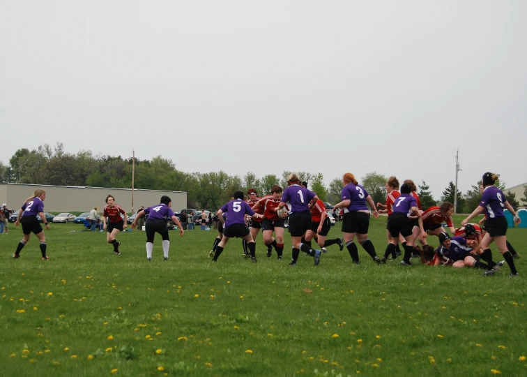 a group of people are playing soccer on a field