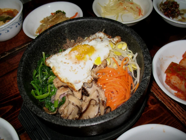 a variety of food is prepared in a pan on the table