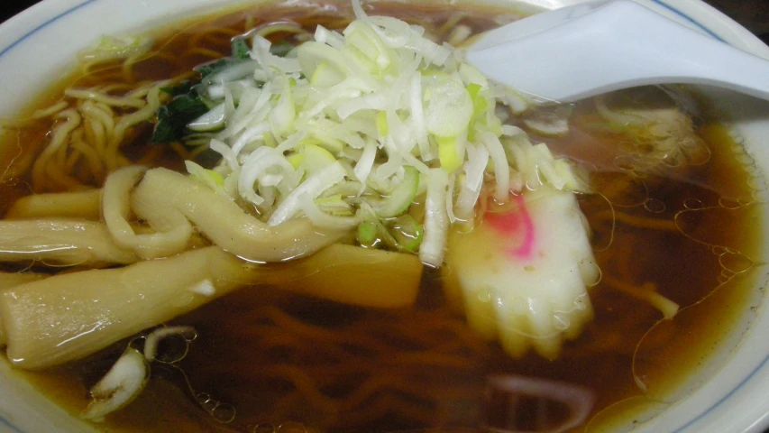 the noodle soup is made with noodles, broth and some cabbage