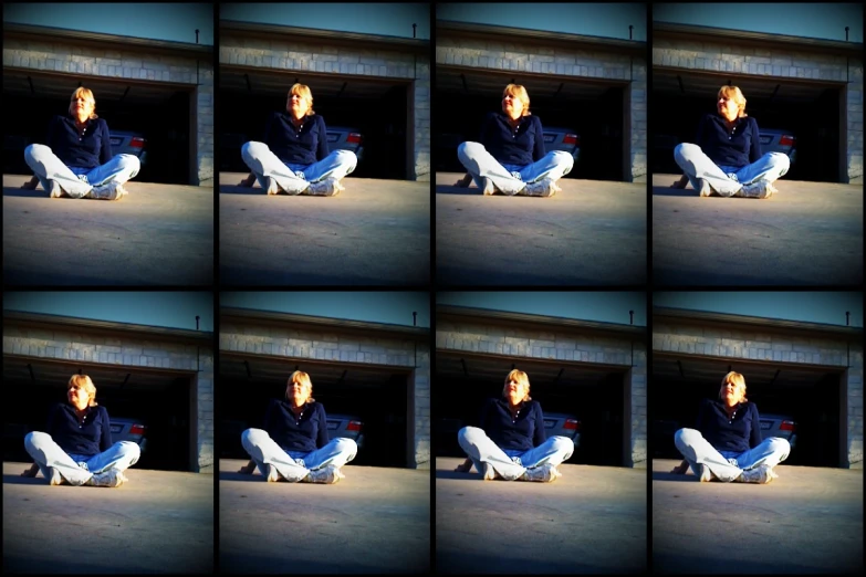 multiple pictures of a man sitting down on the ground
