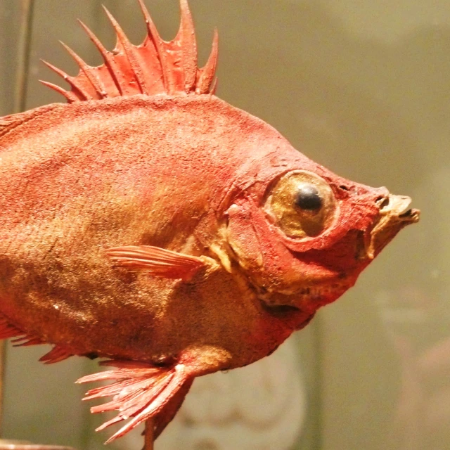 a red fish with gold eyes in a tank