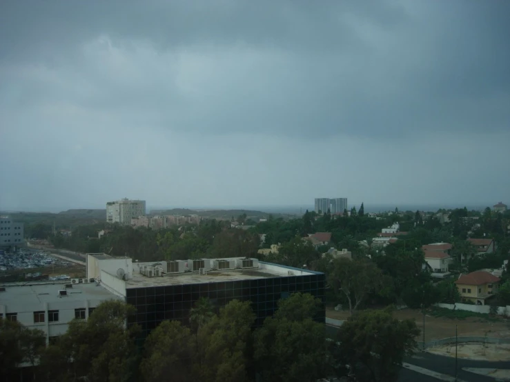 dark, cloudy sky with a building in the background