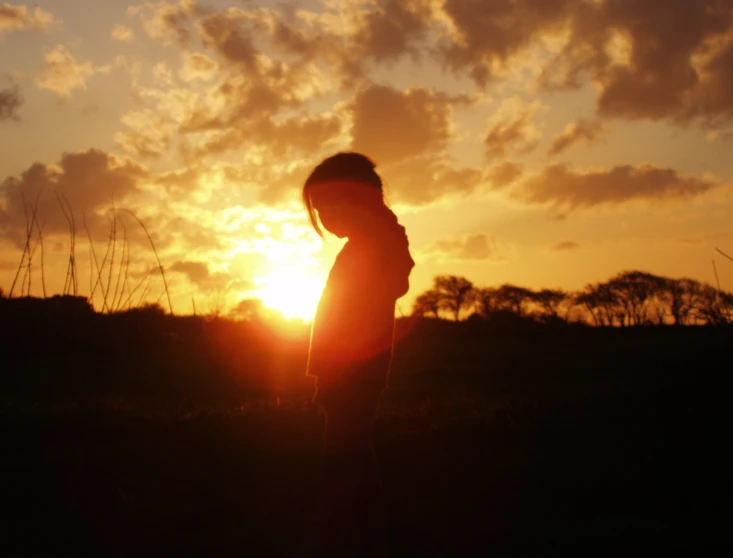 a person standing in the grass near sunset