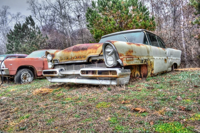 two old cars are rusted out in the woods