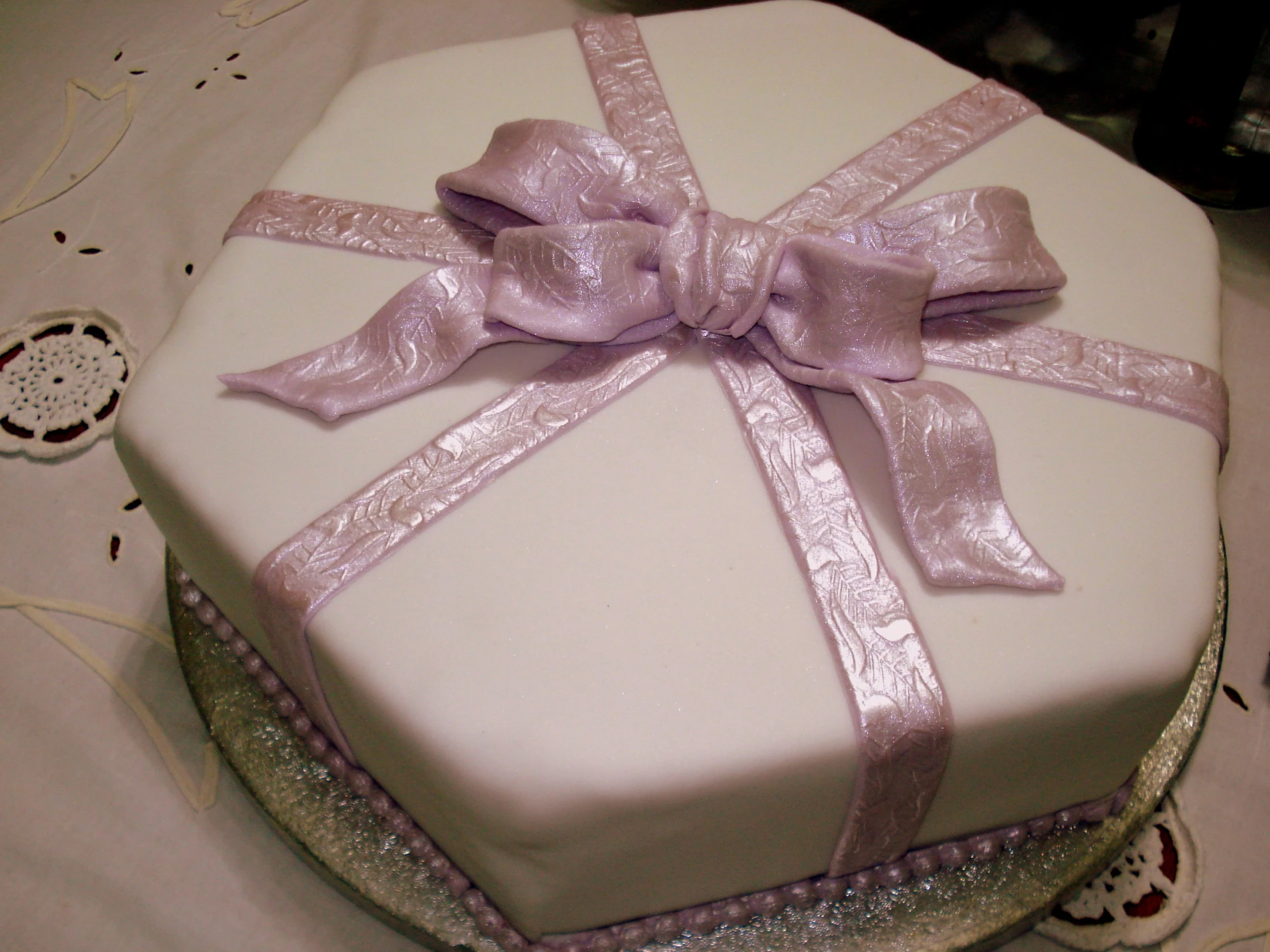 a close up of a decorative cake with bows