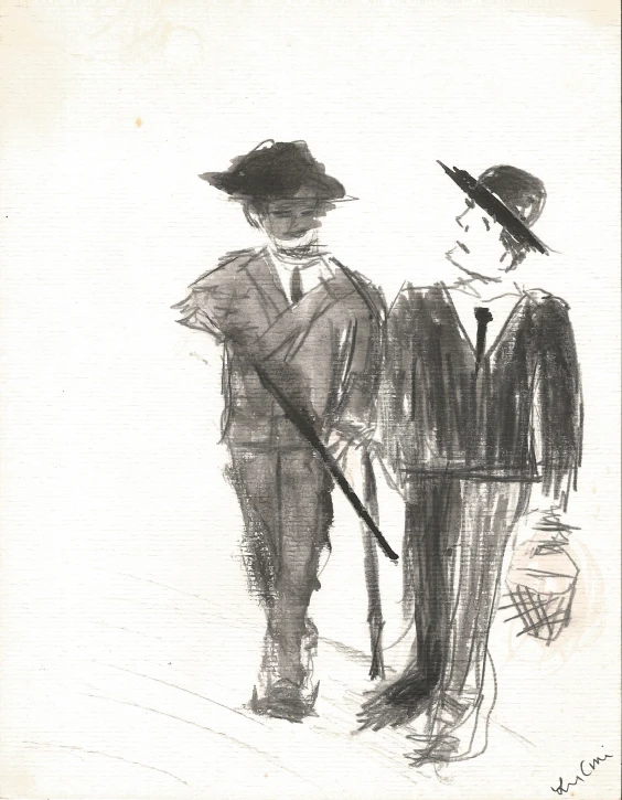 an old drawing of two men dressed in hats