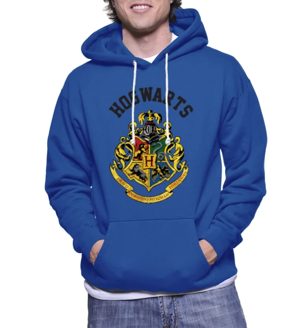 a young man wearing a harry potter sweatshirt