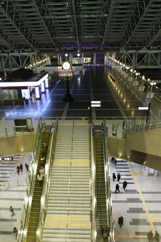 an overhead s of people walking up and down stairs