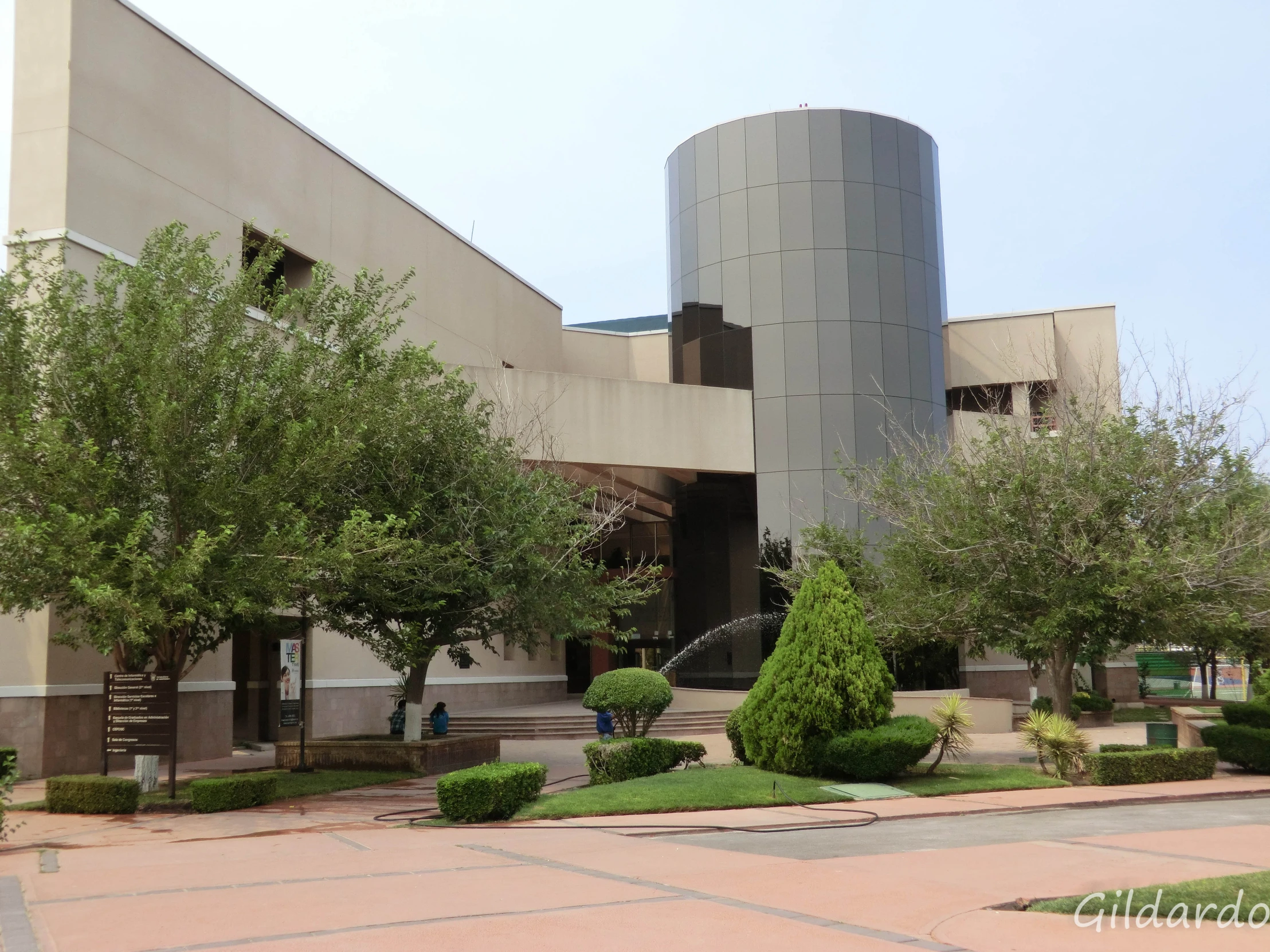 trees in a garden outside a building with a circular spiral design