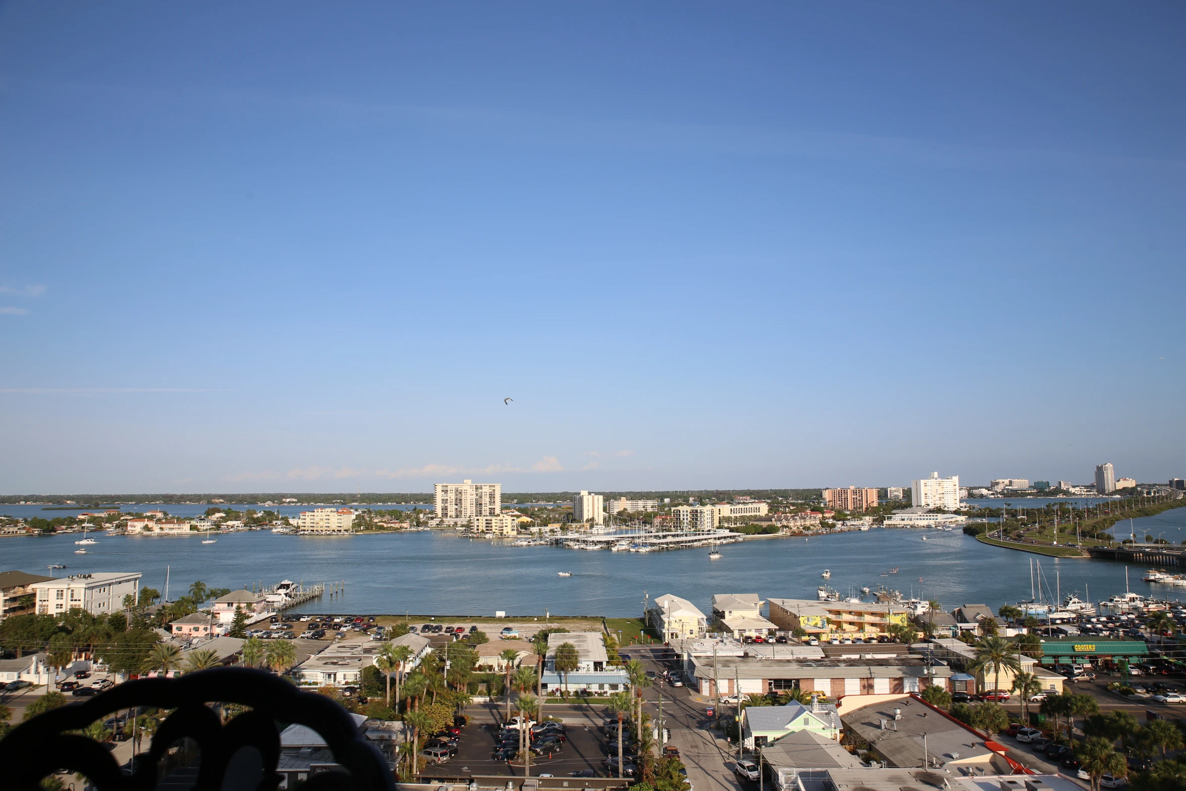 the view from an airplane over a marina