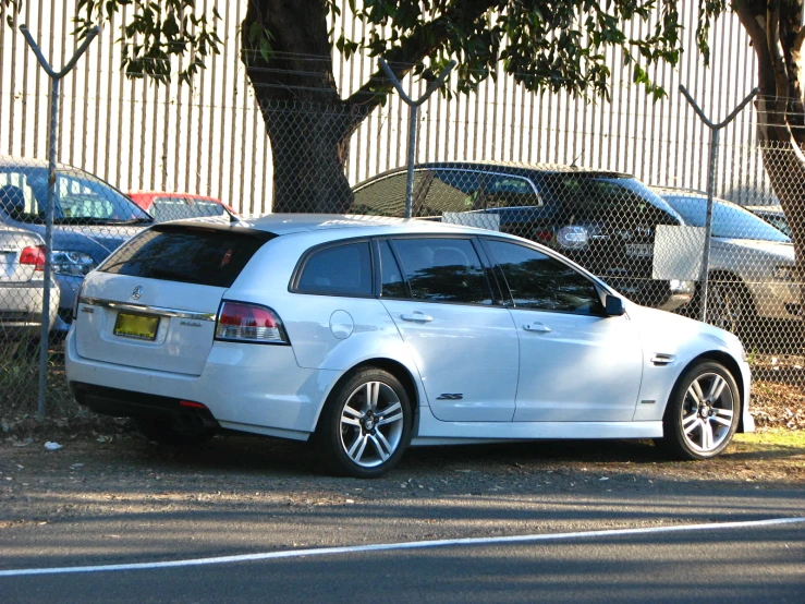 a white car parked on the side of a road