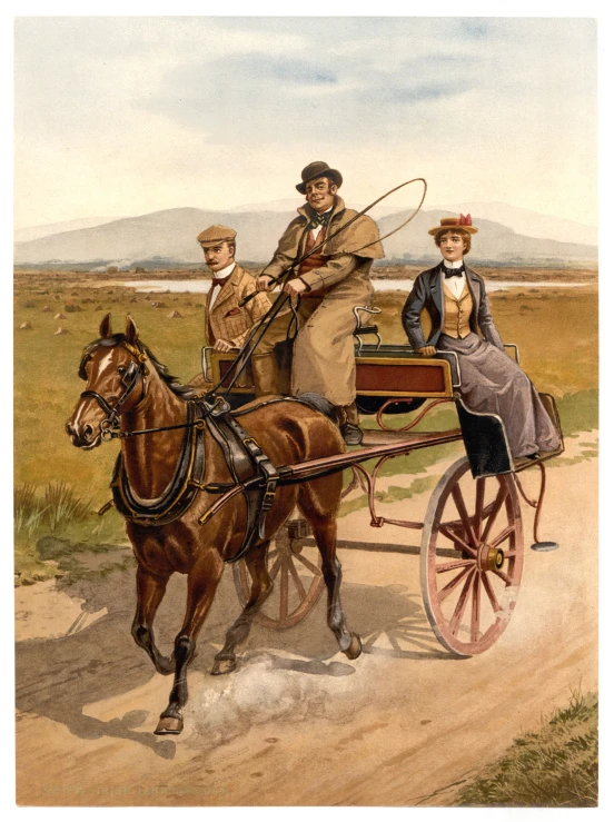 a man, woman and child sitting on a wagon pulled by a horse