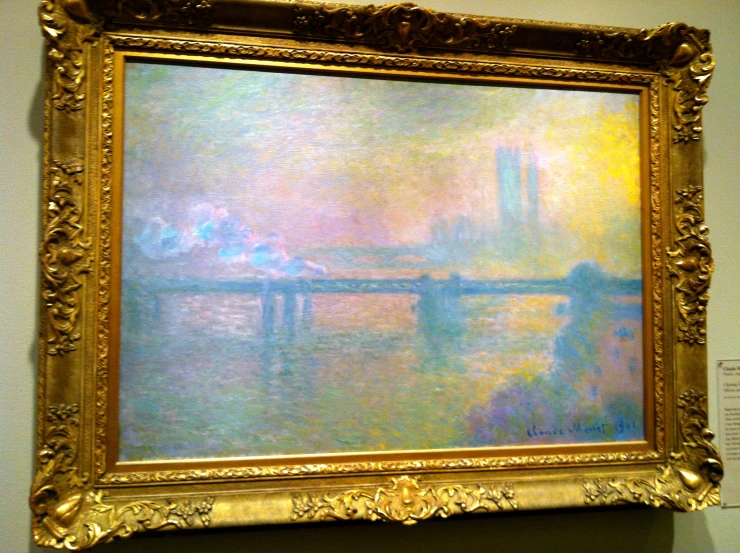a painting of a bridge over water with steam coming from the top of it