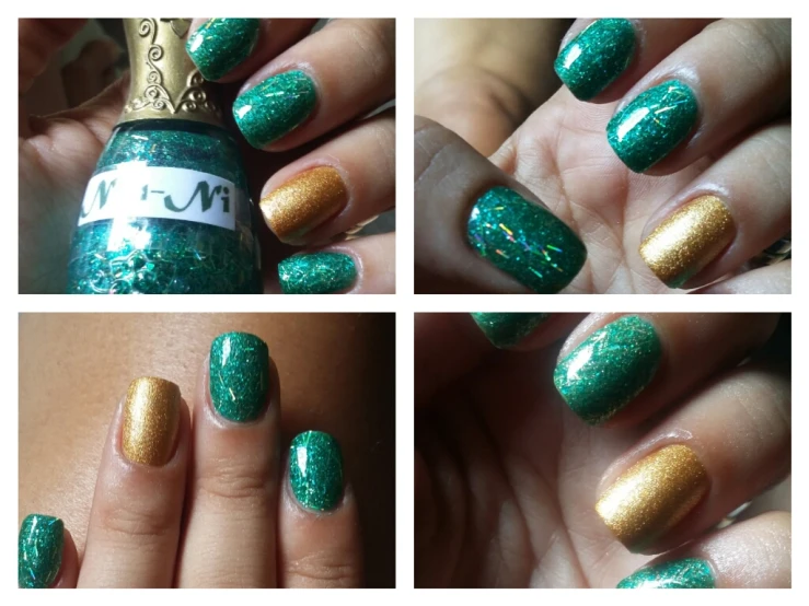 various pictures of the nail art with metallic, green and gold nails