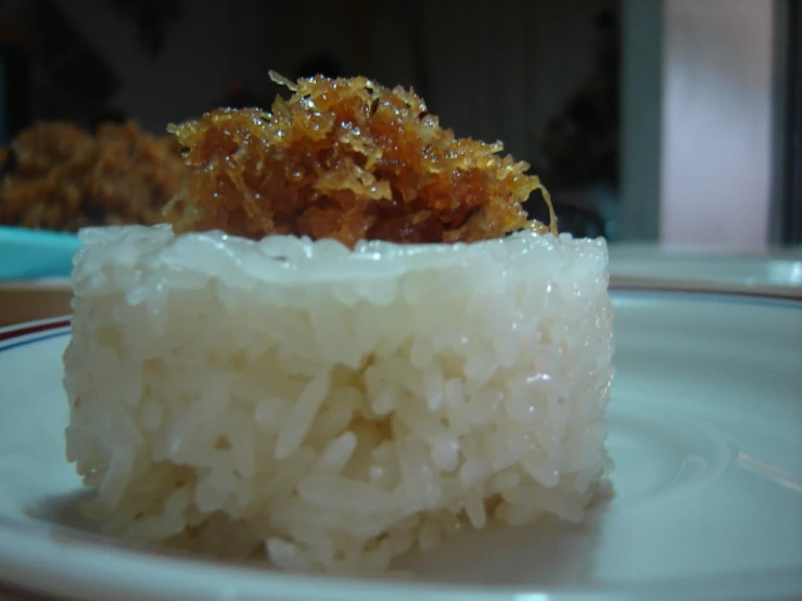 a plate topped with rice covered in meat and sauce