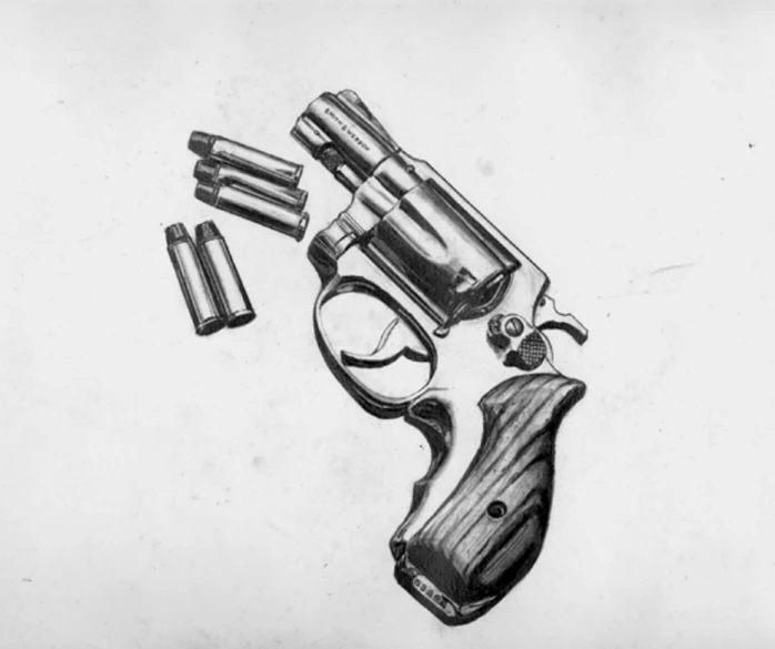 a drawing of a revolver and some bullet shells