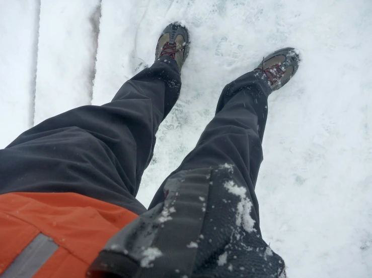 the feet are covered in snow while standing on the ground