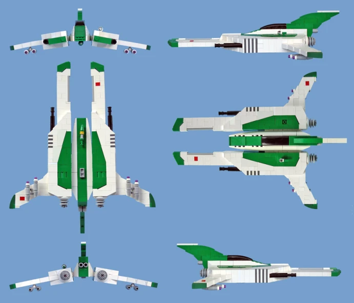 four different models of green and white fighter jets