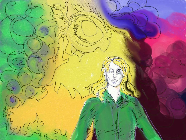 a painting of a person on top of a rainbow colored background