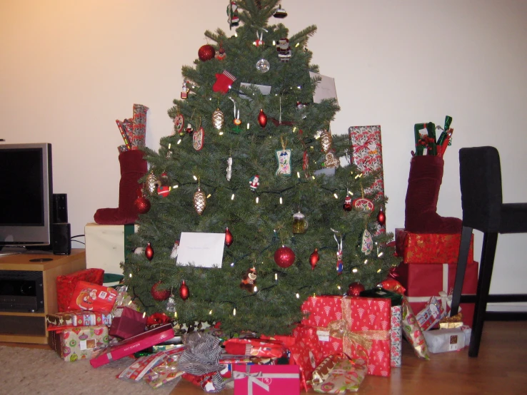 christmas tree with presents around it and gifts under the tree