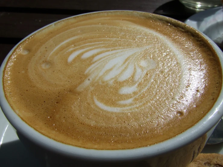 there is coffee on a plate on the table