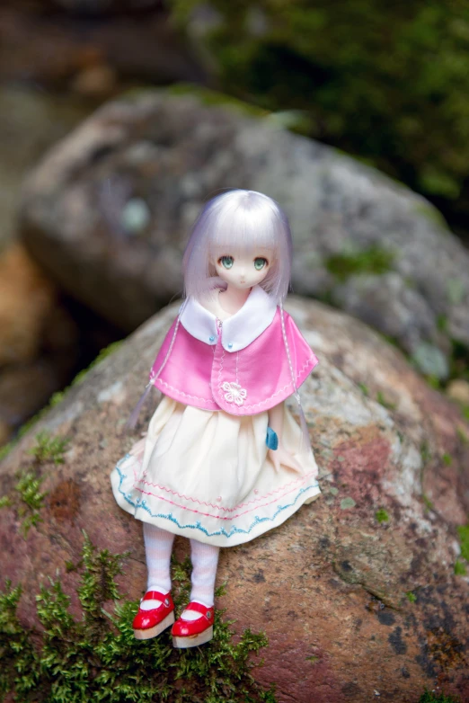 the doll is sitting on the rocks near some moss