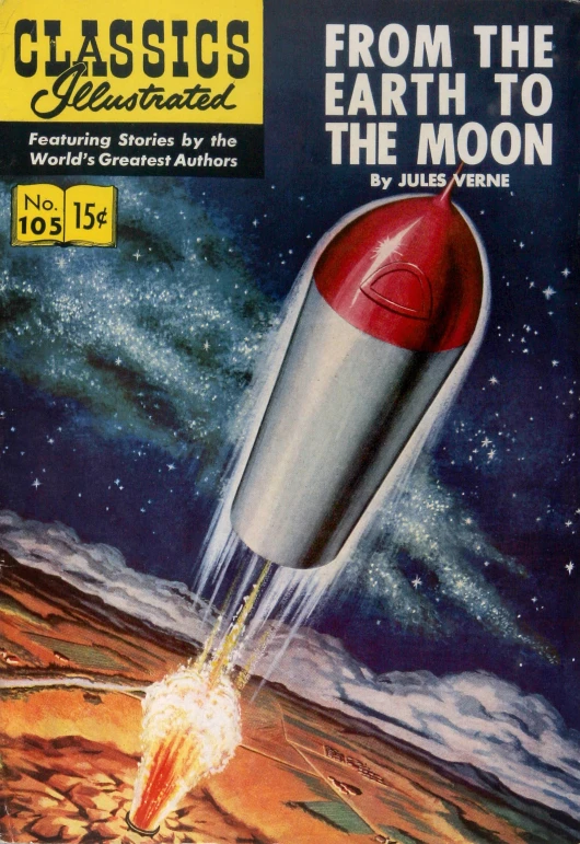 the cover of a magazine showing a rocket flying above the earth