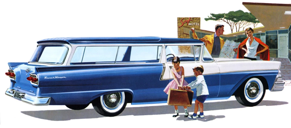 a painting of children are loading their suitcases on the back of an old station wagon