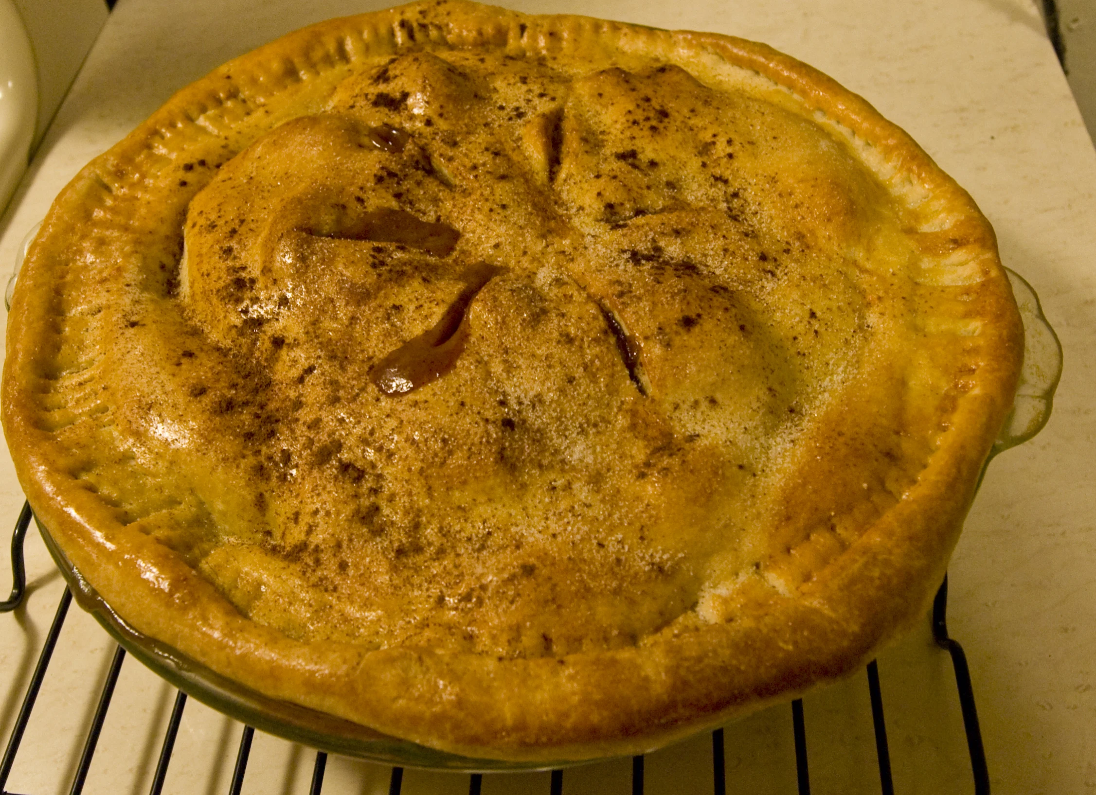 a freshly baked pie sitting in a oven on top of a shelf