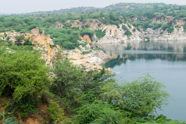 a lake surrounded by green trees with some cliffs