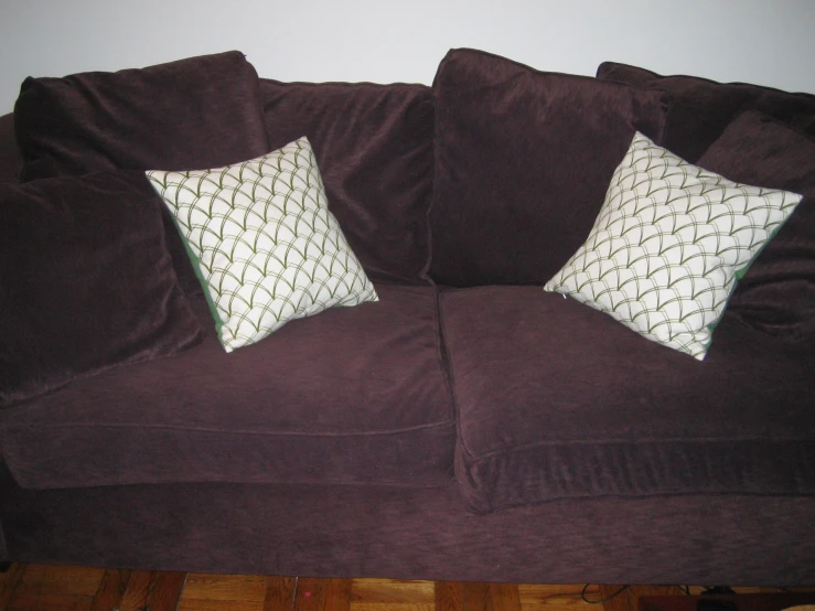 there are two pillows sitting on the couch