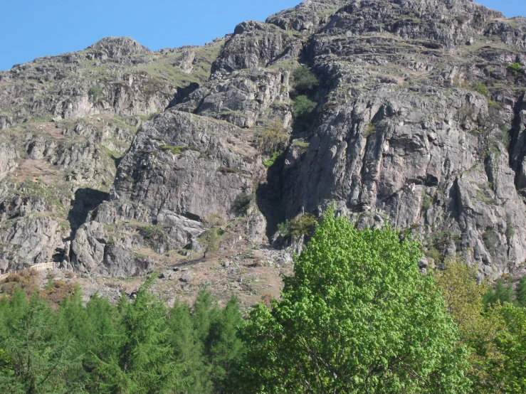 two large mountains in the distance with trees below them