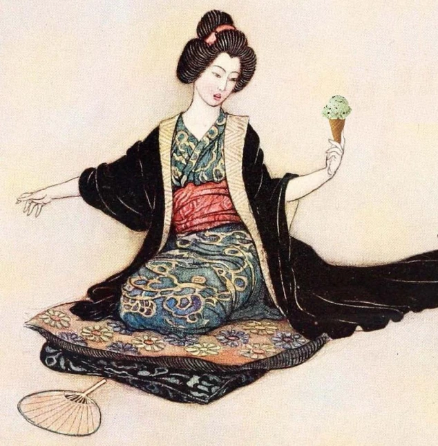 a drawing of a woman in oriental clothing is sitting on a cushion holding an ice cream cone