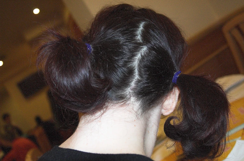 a woman has long dark hair in her buns