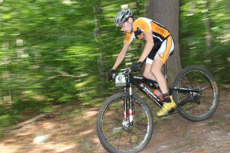 the cyclist is riding his bike in the forest