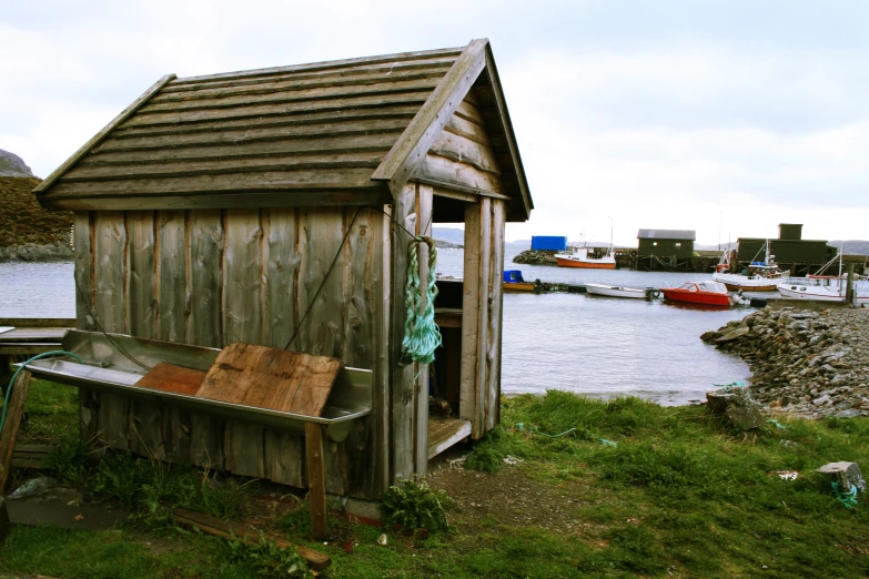 a shack on the shore has an out house