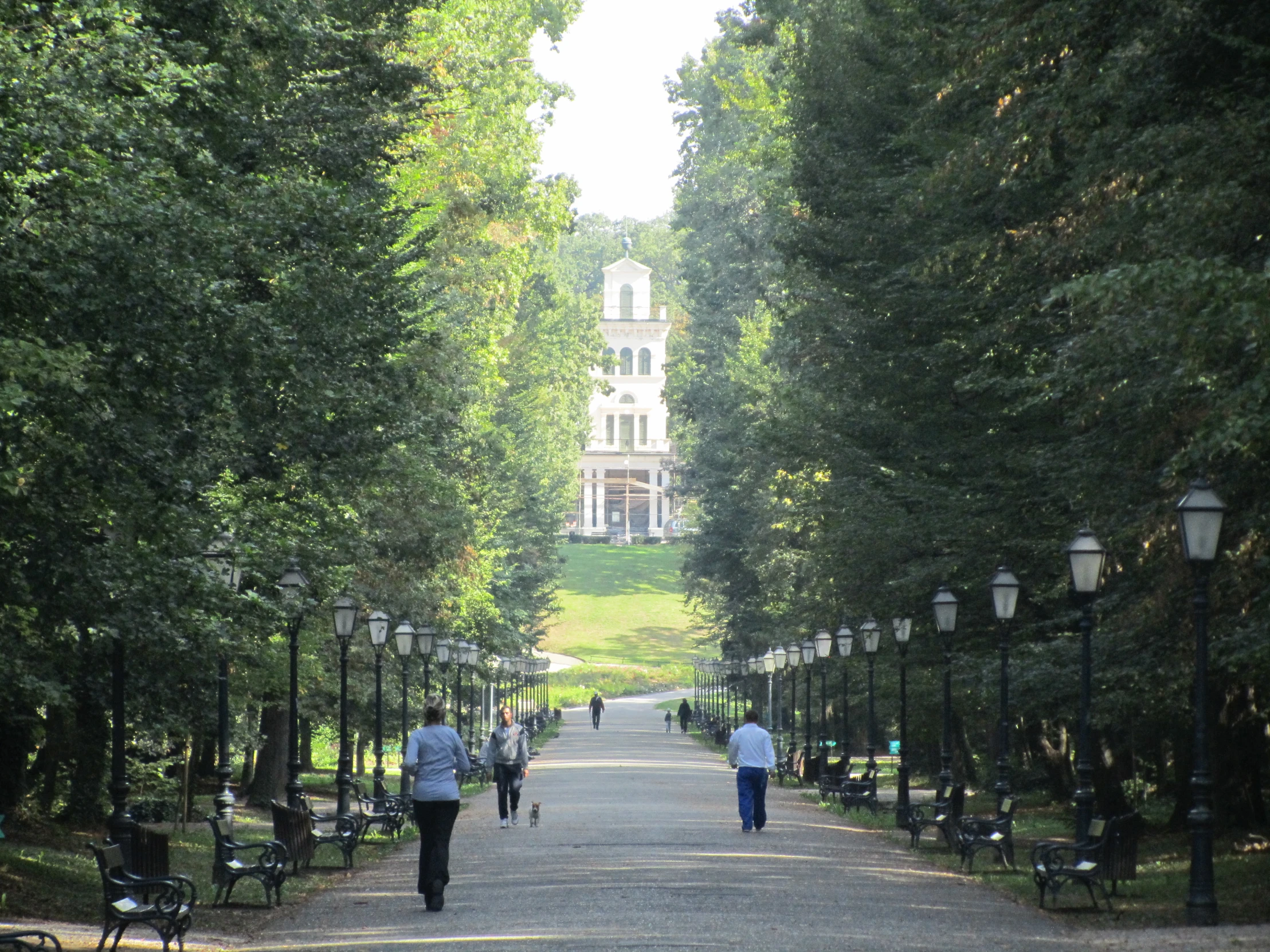 several people walking on a pathway that runs between two buildings