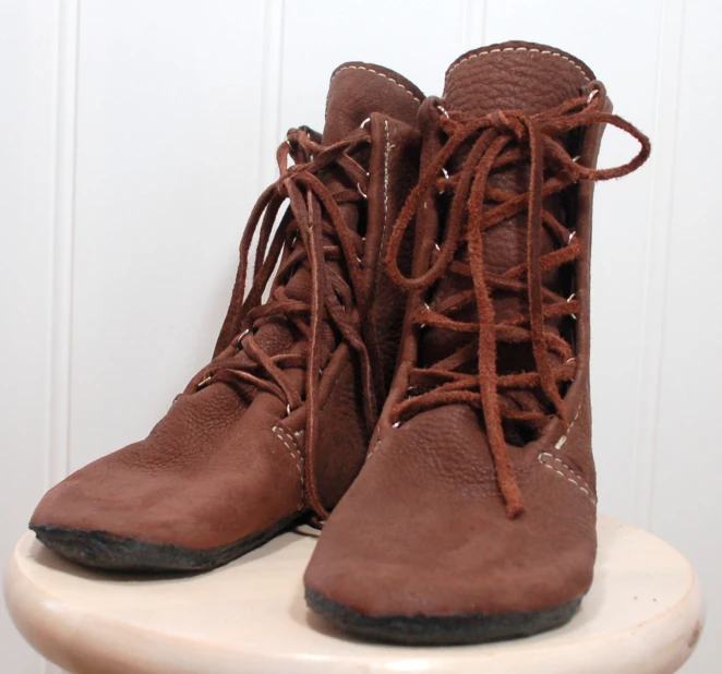 a pair of shoes on top of a wooden shelf