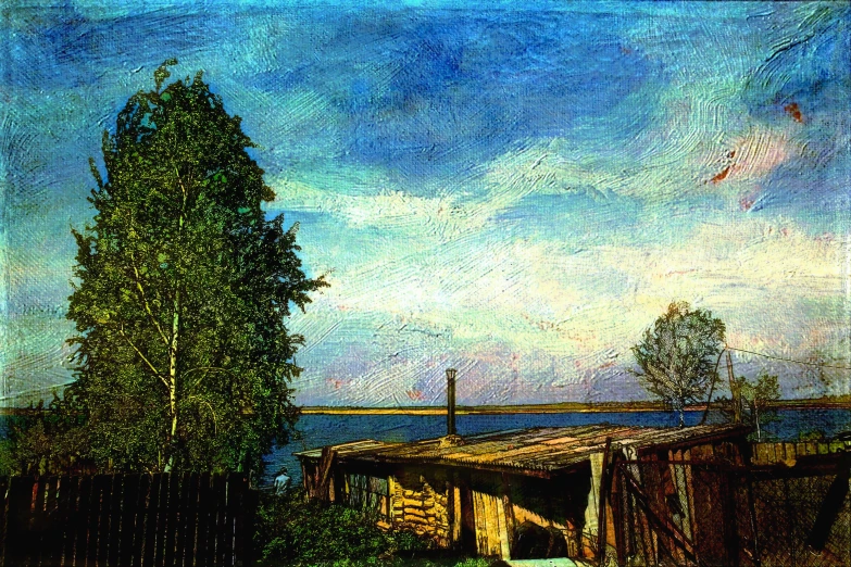 an image of a painting of a house by the river