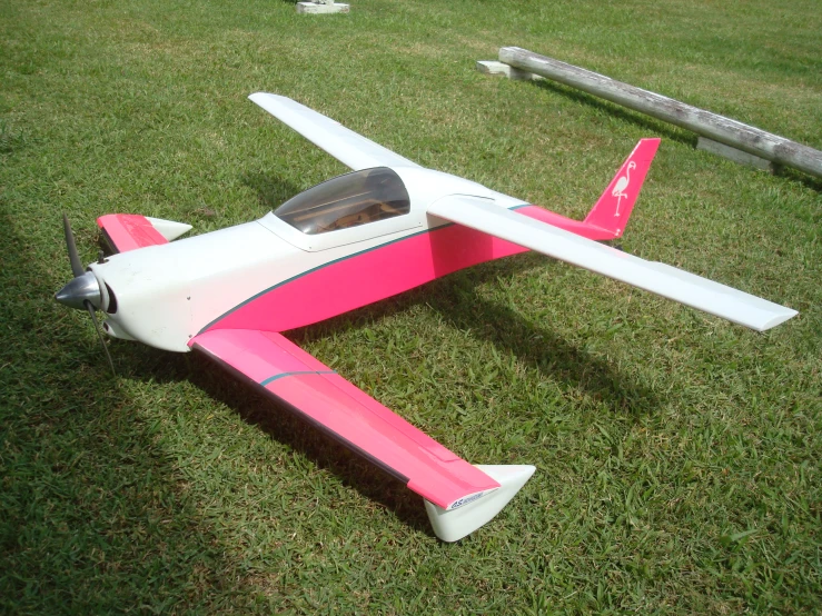 a red and pink model airplane on a lush green field