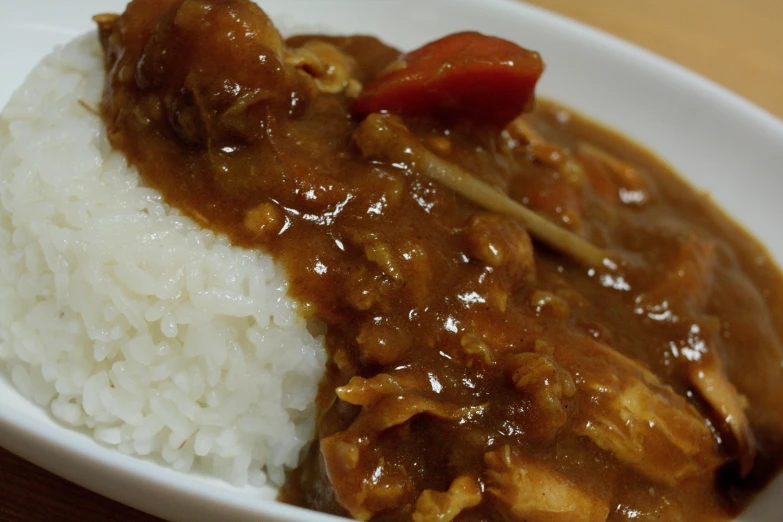 a plate of rice and meat in gravy