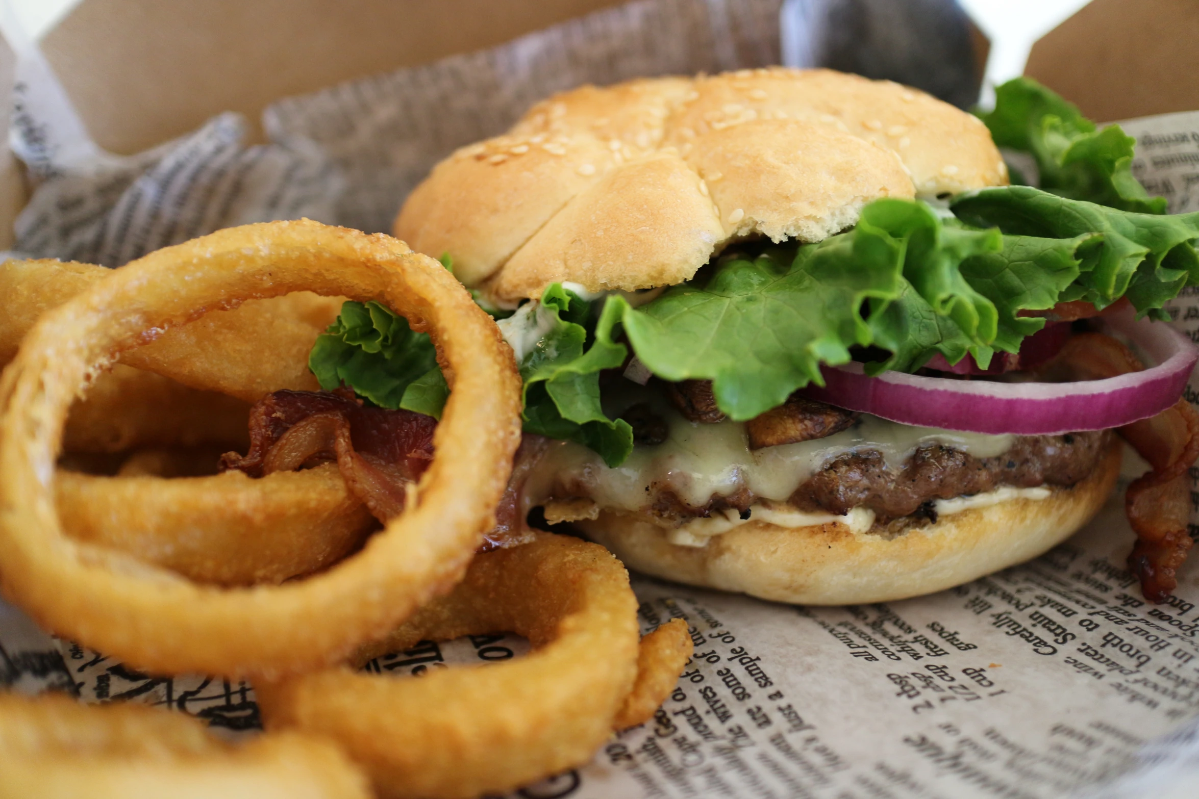 burger, onion rings, and a salad on a tray